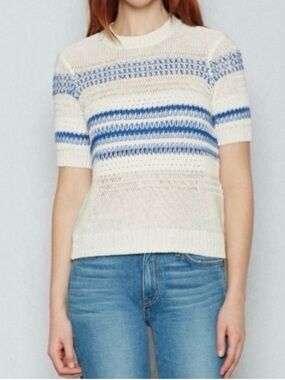 Current/Elliott The Mixed Stitch Stripe Half-Sleeve Sweater Blue Horizon S Linen